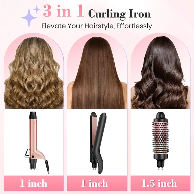 Alt view image 9 of 14 - 3-in-1 Curling Iron Wand Set, Thermal Brush Hair, Straightener | Dual Voltage, PTC Instant Heat, Tourmaline Ceramic Flat Iron, Create Waves, Curls or Straight Hair, 360-410°F, Gift for Women