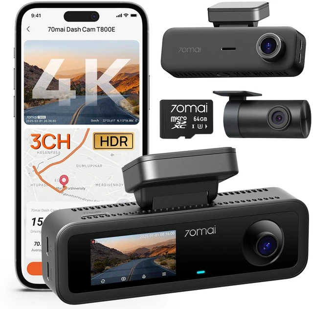 Alt view image 8 of 14 - 4K Dash Cam Front and Rear Inside, 3 Channel Car Dash Camera for Cars, Dashcam with GPS, Wi-Fi 6, Voice Control, Parking Monitor, Night Vision, Loop Recording, 64GB SD Card Included (T800E)