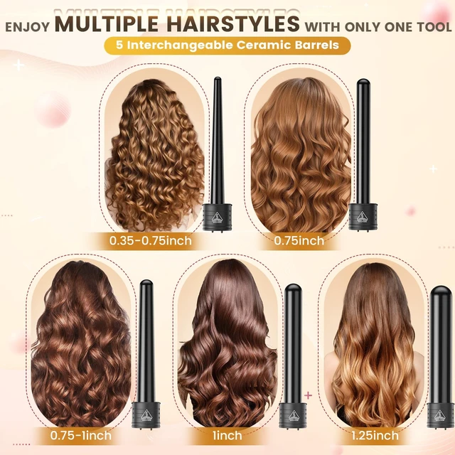 Alt view image 9 of 14 - 5 In 1 Curling Wand Set, Curling Iron Interchangeable Ceramic Barrels (0.35-1.25 Inch), Heating Hair Curler Kit with Protective Glove & 2 Clips Ceramic Coated for All Hair Types, Gift for Girls, Women