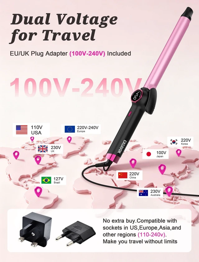 Alt view image 10 of 14 - 1 Inch Long Barrel Curling Iron,Extended Ceramic Long Barrel,Dual Voltage | 1 Inch Travel Curling Iron for Long Hair,110~240V for Worldwide,European Plug Adapter,14 Temp Settings,Heat-resistant gloves