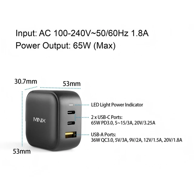 Alt view image 12 of 14 - 66W Turbo 3-Port GaN Travel Wall Charger USB C Fast Power Adapter | Foldable Plug (2x USB-C, 1x USB-A) Compatible with MacBook Pro Air, iPad Pro, iPhone 17/16/15/13, Galaxy S25 (US/UK/EU Plugs)