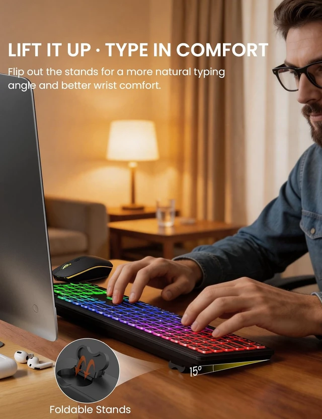 Alt view image 13 of 14 - Wireless Keyboard and Mouse Combo with RGB Backlit, Rechargeable | Light Up Letters, Full-Size, Soft Typing, Sleep Mode, 2.4GHz Quiet Keyboard Set for Mac, Windows, Laptop, PC, Trueque KM42Pro