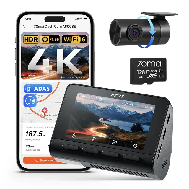 Alt view image 8 of 14 - 4K Dash Cam Front and Rear, Built in Wi-Fi 6 & GPS Car Camera, Super Night Vision, ADAS, 3'' IPS Screen, 24H Parking Mode, Time-Lapse, Loop Recording, with 128GB Card (A800SE)