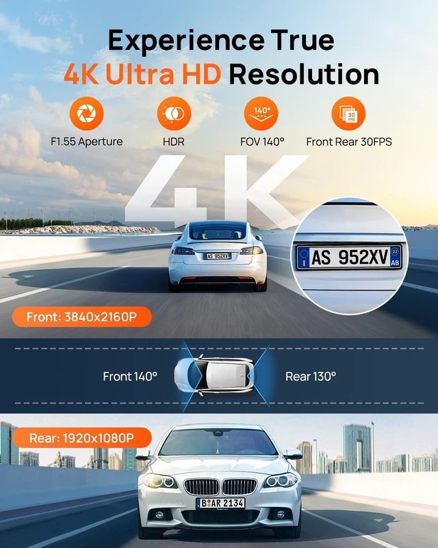 Alt view image 9 of 14 - 4K Dash Cam Front and Rear, Built in Wi-Fi 6 & GPS Car Camera, Super Night Vision, ADAS, 3'' IPS Screen, 24H Parking Mode, Time-Lapse, Loop Recording, with 128GB Card (A800SE)