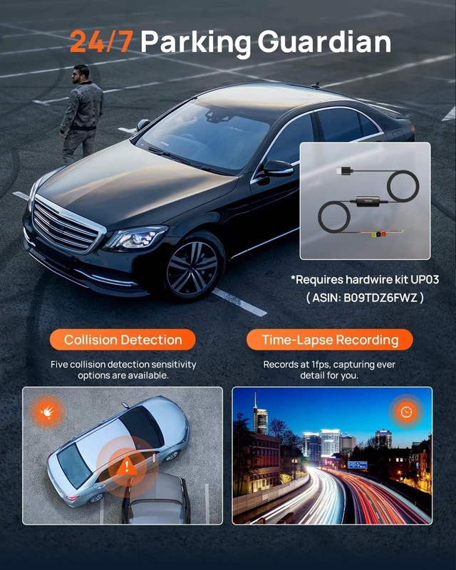 Alt view image 12 of 14 - 4K Dash Cam Front and Rear, Built in Wi-Fi 6 & GPS Car Camera, Super Night Vision, ADAS, 3'' IPS Screen, 24H Parking Mode, Time-Lapse, Loop Recording, with 128GB Card (A800SE)