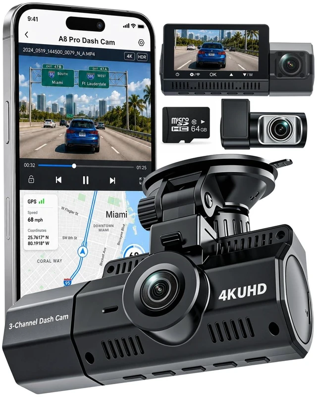 Alt view image 8 of 14 - 3 Channel Dash Cam, 4K+2.5K+2.5K, WiFi GPS, for Rideshare and Taxi | IMX675 STARVIS 2 Night Vision, 64GB card, HDR, Built-In G-Sensor, 24h Parking Monitor and Time Lapse