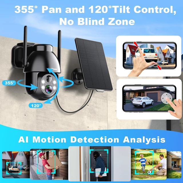Alt view image 11 of 14 - Solar Security Cameras Wireless Outdoor, 2K PTZ WiFi 3MP Indoor Security Camera for Home with Spotlight, PIR Motion Detection,Siren, Color Night Vision, 2-Way Talk, SD/Cloud Storage