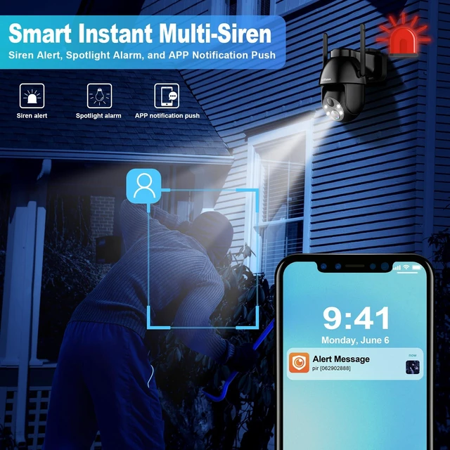 Alt view image 12 of 14 - Solar Security Cameras Wireless Outdoor, 2K PTZ WiFi 3MP Indoor Security Camera for Home with Spotlight, PIR Motion Detection,Siren, Color Night Vision, 2-Way Talk, SD/Cloud Storage