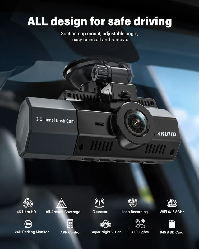Alt view image 14 of 14 - 3 Channel Dash Cam, 4K+2.5K+2.5K, WiFi GPS, for Rideshare and Taxi | IMX675 STARVIS 2 Night Vision, 64GB card, HDR, Built-In G-Sensor, 24h Parking Monitor and Time Lapse