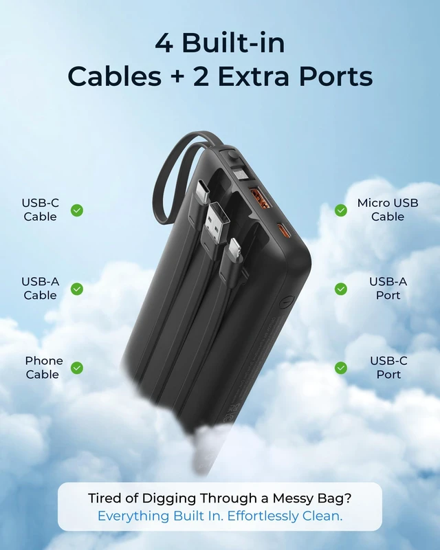 Alt view image 11 of 14 - Portable Charger 4-Built-in-Cables 20000mAh Fast Charging Power Bank | Battery Protection,Flight-Approved,USB-C Cable,22.5W PD,Slim,Travel Essentials,Battery Pack for iPhone,iPad,Galaxy,Android