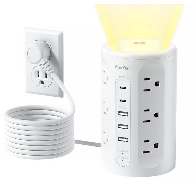 Alt view image 7 of 12 - Power Strip Tower with Night Light, Power Strip with USB Ports, 10 FT Extension Cord with Multiple Outlets (12AC+3A+2C) for Home Office Desk College Dorm Room Supplies