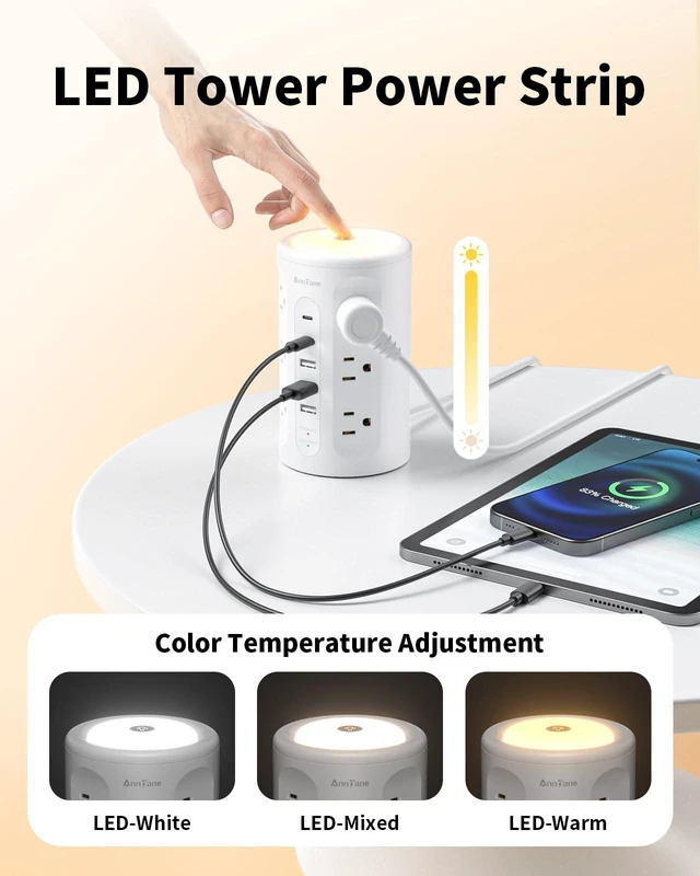 Alt view image 10 of 12 - Power Strip Tower with Night Light, Power Strip with USB Ports, 10 FT Extension Cord with Multiple Outlets (12AC+3A+2C) for Home Office Desk College Dorm Room Supplies