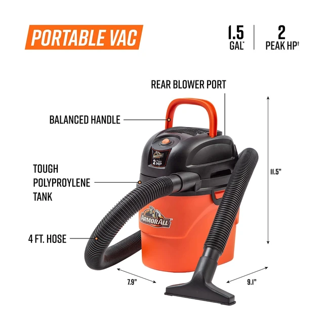 Alt view image 10 of 14 - ® AA155 1.5-Gallon 2 Peak HP Portable Wet/Dry Vacuum, Orange
