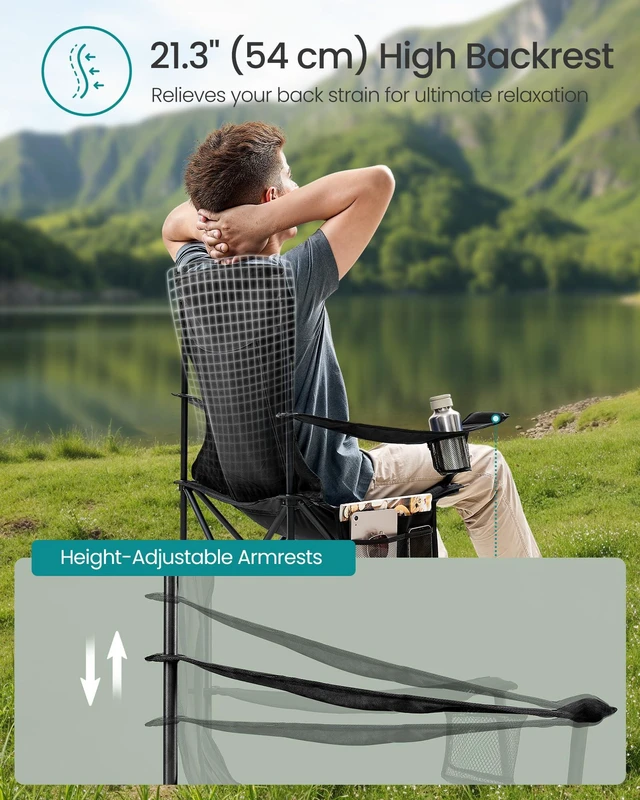 Alt view image 10 of 12 - Breathable Camping Chairs, Set of 2, 330 lb Weight Capacity | Foldable Outdoor Chairs, Adjustable Armrests, High Back, Drink Holder, Ink Black, SANDY Collection UGCB028B02