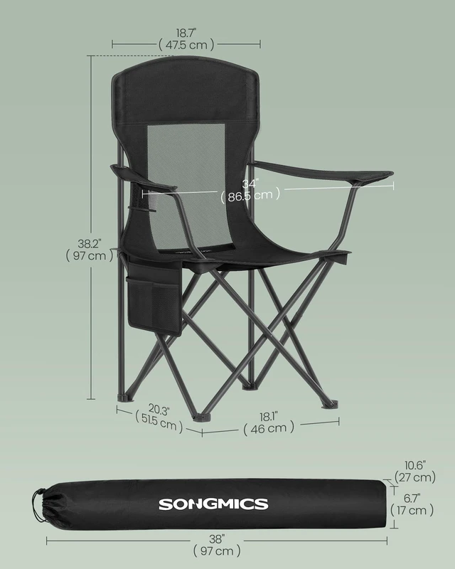 Alt view image 12 of 12 - Breathable Camping Chairs, Set of 2, 330 lb Weight Capacity | Foldable Outdoor Chairs, Adjustable Armrests, High Back, Drink Holder, Ink Black, SANDY Collection UGCB028B02
