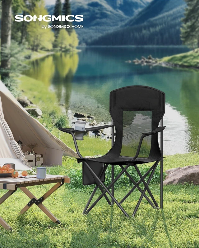 Alt view image 8 of 12 - Breathable Camping Chairs, Set of 2, 330 lb Weight Capacity | Foldable Outdoor Chairs, Adjustable Armrests, High Back, Drink Holder, Ink Black, SANDY Collection UGCB028B02