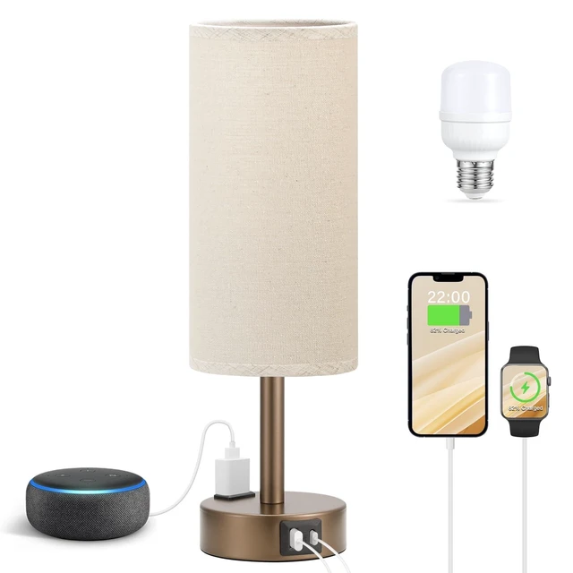 Alt view image 8 of 14 - Brown Bedside Lamp for Bedroom, Dimmable Touch, USB A+C, AC Outlet | 3-Way Dimmable, LED Bulb Included, USB C+A Charging Ports, Beige Fabric Lampshade, Metal Base, 14in Small Table Lamp