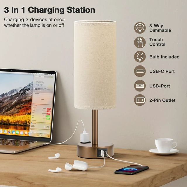 Alt view image 9 of 14 - Brown Bedside Lamp for Bedroom, Dimmable Touch, USB A+C, AC Outlet | 3-Way Dimmable, LED Bulb Included, USB C+A Charging Ports, Beige Fabric Lampshade, Metal Base, 14in Small Table Lamp