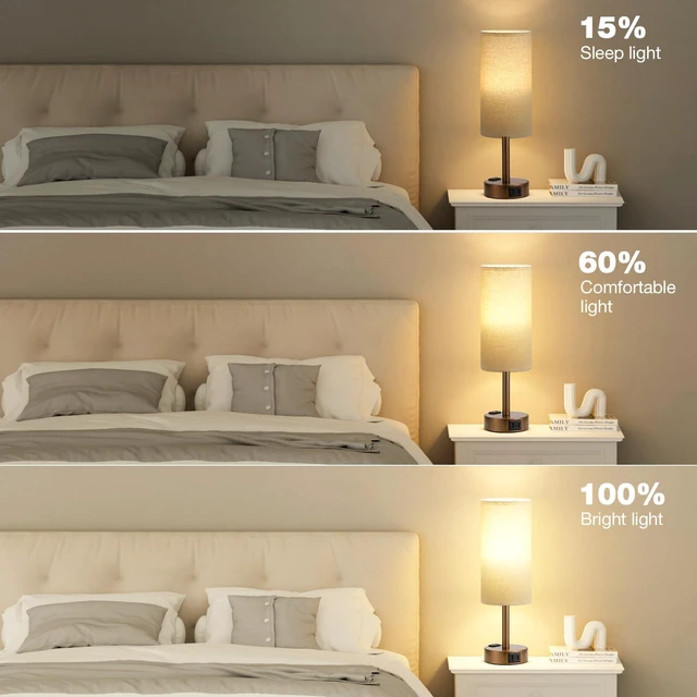 Alt view image 11 of 14 - Brown Bedside Lamp for Bedroom, Dimmable Touch, USB A+C, AC Outlet | 3-Way Dimmable, LED Bulb Included, USB C+A Charging Ports, Beige Fabric Lampshade, Metal Base, 14in Small Table Lamp