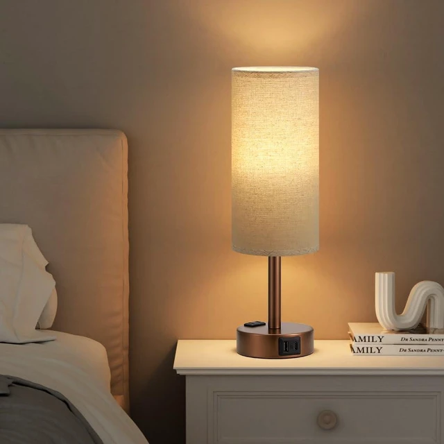 Alt view image 13 of 14 - Brown Bedside Lamp for Bedroom, Dimmable Touch, USB A+C, AC Outlet | 3-Way Dimmable, LED Bulb Included, USB C+A Charging Ports, Beige Fabric Lampshade, Metal Base, 14in Small Table Lamp