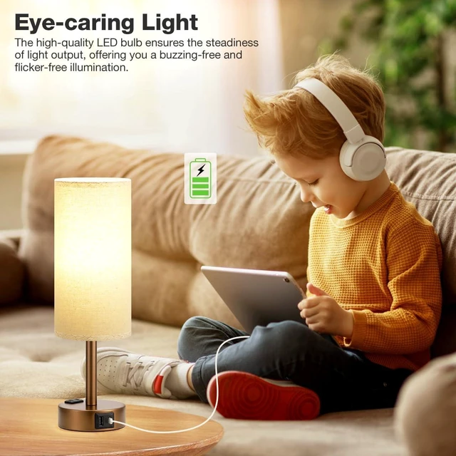 Alt view image 12 of 14 - Brown Bedside Lamp for Bedroom, Dimmable Touch, USB A+C, AC Outlet | 3-Way Dimmable, LED Bulb Included, USB C+A Charging Ports, Beige Fabric Lampshade, Metal Base, 14in Small Table Lamp