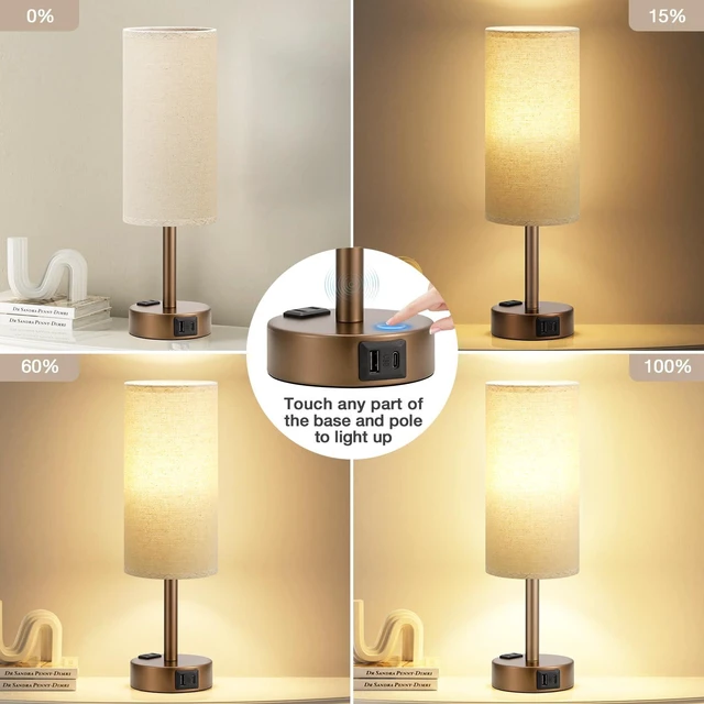 Alt view image 10 of 14 - Brown Bedside Lamp for Bedroom, Dimmable Touch, USB A+C, AC Outlet | 3-Way Dimmable, LED Bulb Included, USB C+A Charging Ports, Beige Fabric Lampshade, Metal Base, 14in Small Table Lamp