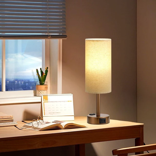 Alt view image 14 of 14 - Brown Bedside Lamp for Bedroom, Dimmable Touch, USB A+C, AC Outlet | 3-Way Dimmable, LED Bulb Included, USB C+A Charging Ports, Beige Fabric Lampshade, Metal Base, 14in Small Table Lamp