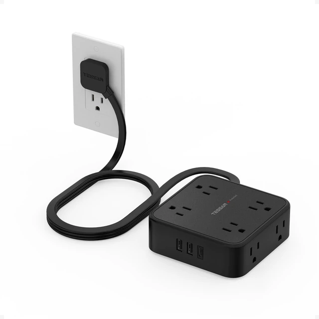 Alt view image 8 of 14 - Surge Protector Power Strip with 900J Surge Protection, 5 Ft, Black | 8 AC with 3 USB Ports (1 USB C), Flat Plug Extension Cord, 3 Sided Outlet Extender with Power Switch for Dorm Room, 1875W