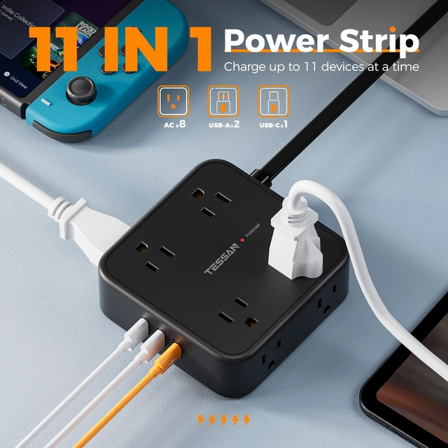 Alt view image 9 of 14 - Surge Protector Power Strip with 900J Surge Protection, 5 Ft, Black | 8 AC with 3 USB Ports (1 USB C), Flat Plug Extension Cord, 3 Sided Outlet Extender with Power Switch for Dorm Room, 1875W