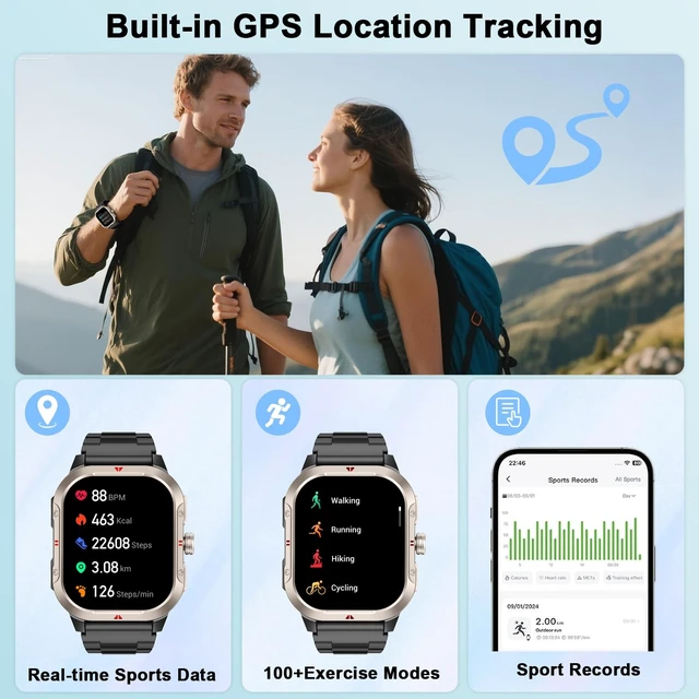 Alt view image 9 of 14 - Smart Watch for Men Built-in GPS, 2.06" Military Fitness Tracker IP68 Waterproof, Fitness Watch with Heart Rate/Sleep, Smartwatch with Answer/Make Calls, 100+ Sport Modes for iPhone/Android, Black