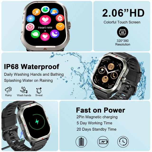 Alt view image 11 of 14 - Smart Watch for Men Built-in GPS, 2.06" Military Fitness Tracker IP68 Waterproof, Fitness Watch with Heart Rate/Sleep, Smartwatch with Answer/Make Calls, 100+ Sport Modes for iPhone/Android, Black