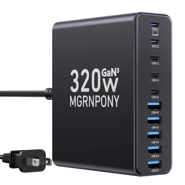 Alt view image 7 of 12 - 320W USB C Charger Block, 10-Port GaN USB C Charging Station Black | PD 65W Laptop Fast Charger Adapter for MacBook Pro/Air, DELL, iPad, iPhone, Samsung Galaxy