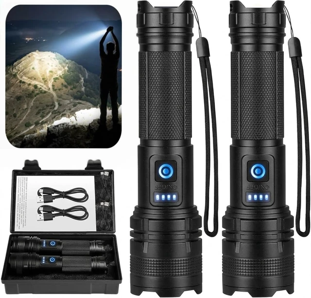 Alt view image 8 of 14 - Rechargeable LED Flashlight 2-Pack 90,000 High Lumens 5 Modes | Super Bright Handheld Flashlights, Adjustable Focus, High Powered Handheld Flashlight for Home Camping Outdoor Night Work