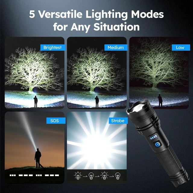 Alt view image 10 of 14 - Rechargeable LED Flashlight 2-Pack 90,000 High Lumens 5 Modes | Super Bright Handheld Flashlights, Adjustable Focus, High Powered Handheld Flashlight for Home Camping Outdoor Night Work
