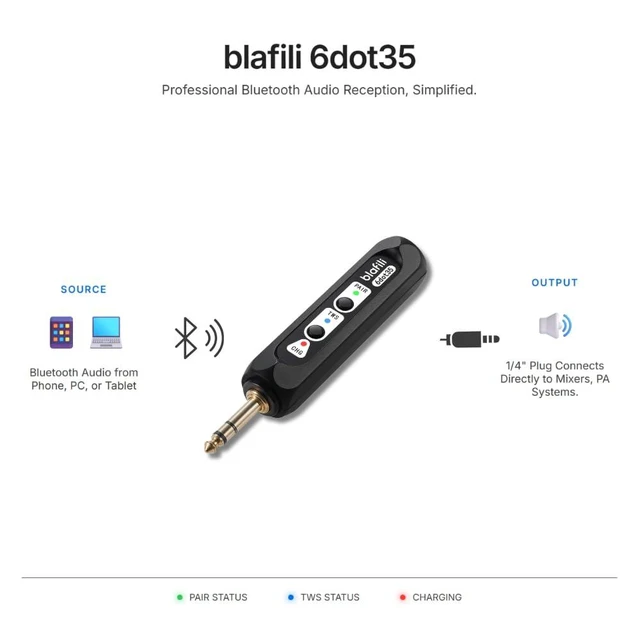 Alt view image 9 of 14 - 6dot35 Bluetooth Receiver with 1/4" TRS 6.35mm Output for Mixers | For PA/DJ/Amps, aptX HD & Low Latency, AAC/SBC, TWS Stereo Requires 2 Units, 10+ Hour Rechargeable Battery