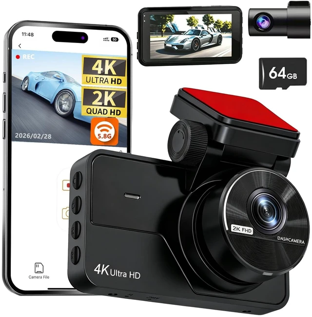 Alt view image 8 of 14 - Dual Dash Cam Front and Rear, 4K+2K Dash Camera for Cars, Front Rear Dashcam G-Sensor, 170° Wide Angle, 3" IPS Screen, 24H Parking Monitor, Loop Recording, WiFi & APP Control, with 64GB Card