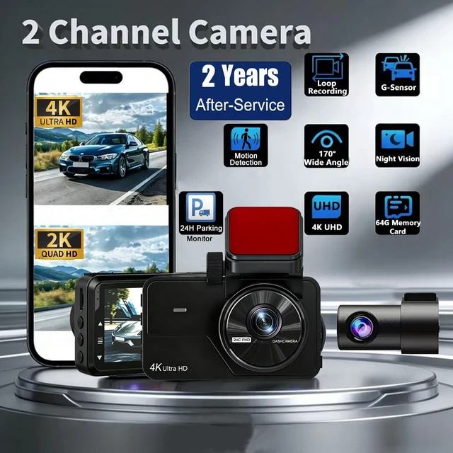 Alt view image 9 of 14 - Dual Dash Cam Front and Rear, 4K+2K Dash Camera for Cars, Front Rear Dashcam G-Sensor, 170° Wide Angle, 3" IPS Screen, 24H Parking Monitor, Loop Recording, WiFi & APP Control, with 64GB Card