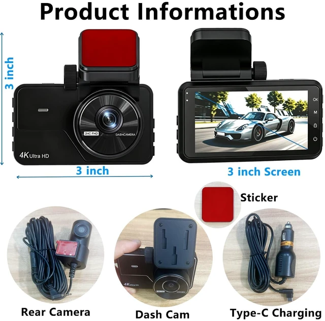 Alt view image 14 of 14 - Dual Dash Cam Front and Rear, 4K+2K Dash Camera for Cars, Front Rear Dashcam G-Sensor, 170° Wide Angle, 3" IPS Screen, 24H Parking Monitor, Loop Recording, WiFi & APP Control, with 64GB Card