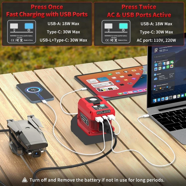 Alt view image 11 of 14 - 220W Power Inverter Compatible with Milwaukee 18V Battery, Tool Only | 110V AC Outlet, 30W USB-C PD, Dual 18W USB-A, 400LM LED Light, Compact Power for Camping, Jobsite & Emergency Backup