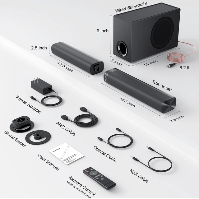 Alt view image 14 of 14 - Sound Bar with Subwoofer, 110W Sound Bar with Adjustable Deep Bass & 3 EQ Modes, Bluetooth/ARC/Opt/AUX Connect, Sound Bar for Smart TV