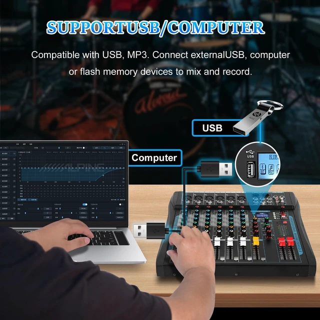 Alt view image 11 of 14 - Audio Mixer,6 Channel Board Mixer for Streaming, Professional Sounds Board Mixer with 16 DSP Effect, USB Audio Interface and 48V Phantom Power, Stereo DJ Mixers for PC Recording/DJ stage