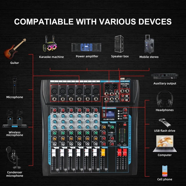 Alt view image 9 of 14 - Audio Mixer,6 Channel Board Mixer for Streaming, Professional Sounds Board Mixer with 16 DSP Effect, USB Audio Interface and 48V Phantom Power, Stereo DJ Mixers for PC Recording/DJ stage