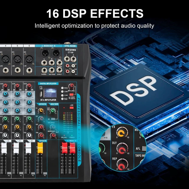 Alt view image 14 of 14 - Audio Mixer,6 Channel Board Mixer for Streaming, Professional Sounds Board Mixer with 16 DSP Effect, USB Audio Interface and 48V Phantom Power, Stereo DJ Mixers for PC Recording/DJ stage