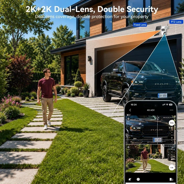 Alt view image 10 of 14 - Dual Lens 4G LTE Cellular Security Camera Outdoor: No WiFi Needed | 24/7 Recording, 2K Color Night Vision,360° Live View,13500mAh Battery, PIR Alarm,10W Solar Panel, Built-in SIM Card,Off Grid