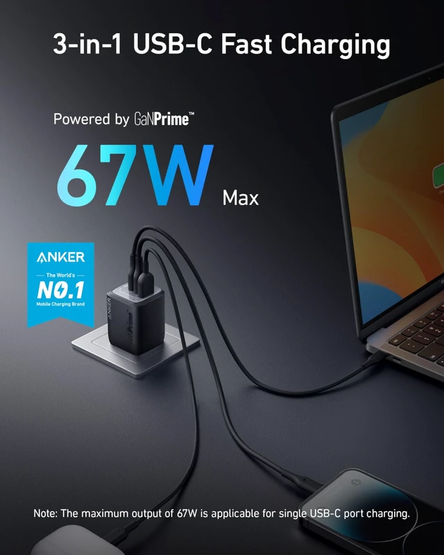 Alt view image 8 of 12 - USB Charger Block,67W GaN Wall Charger,3-Port Compact Fast Charging Phone Charger,For MacBook Pro/Air, Pixelbook, iPad Pro, iPhone 17/16/Pro, Galaxy S23/S22, Note20, Pixel, Apple Watch, and More