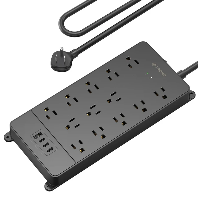 Alt view image 8 of 14 - Surge Protector Power Strip 5ft Cord, 4000J, 4 USB, ETL Listed, Black | 13 Widely-Spaced Outlets Expansion with USB C Ports, Low-Profile Flat Plug, Wall Mount, Extension Cord, 14AWG Heavy Duty