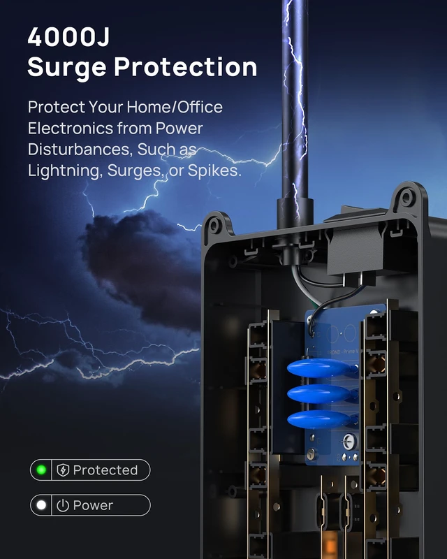 Alt view image 10 of 14 - Surge Protector Power Strip 5ft Cord, 4000J, 4 USB, ETL Listed, Black | 13 Widely-Spaced Outlets Expansion with USB C Ports, Low-Profile Flat Plug, Wall Mount, Extension Cord, 14AWG Heavy Duty