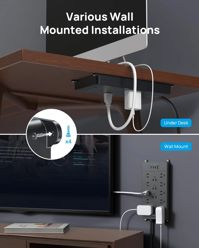Alt view image 9 of 14 - Surge Protector Power Strip 5ft Cord, 4000J, 4 USB, ETL Listed, Black | 13 Widely-Spaced Outlets Expansion with USB C Ports, Low-Profile Flat Plug, Wall Mount, Extension Cord, 14AWG Heavy Duty