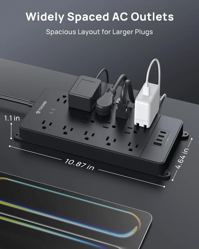 Alt view image 14 of 14 - Surge Protector Power Strip 5ft Cord, 4000J, 4 USB, ETL Listed, Black | 13 Widely-Spaced Outlets Expansion with USB C Ports, Low-Profile Flat Plug, Wall Mount, Extension Cord, 14AWG Heavy Duty