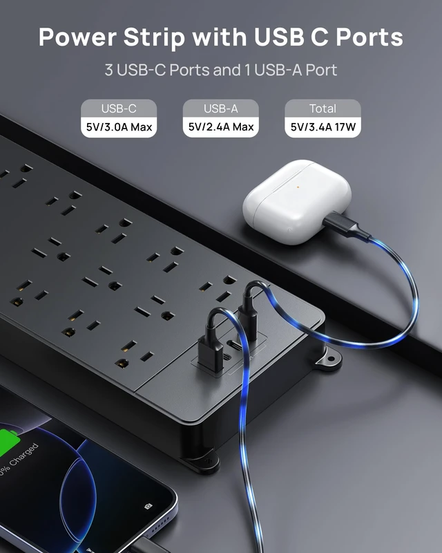 Alt view image 13 of 14 - Surge Protector Power Strip 5ft Cord, 4000J, 4 USB, ETL Listed, Black | 13 Widely-Spaced Outlets Expansion with USB C Ports, Low-Profile Flat Plug, Wall Mount, Extension Cord, 14AWG Heavy Duty